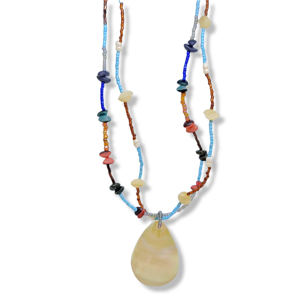 Double Strand Beaded Necklace with Ocean tumbled stones shell focal point 17"